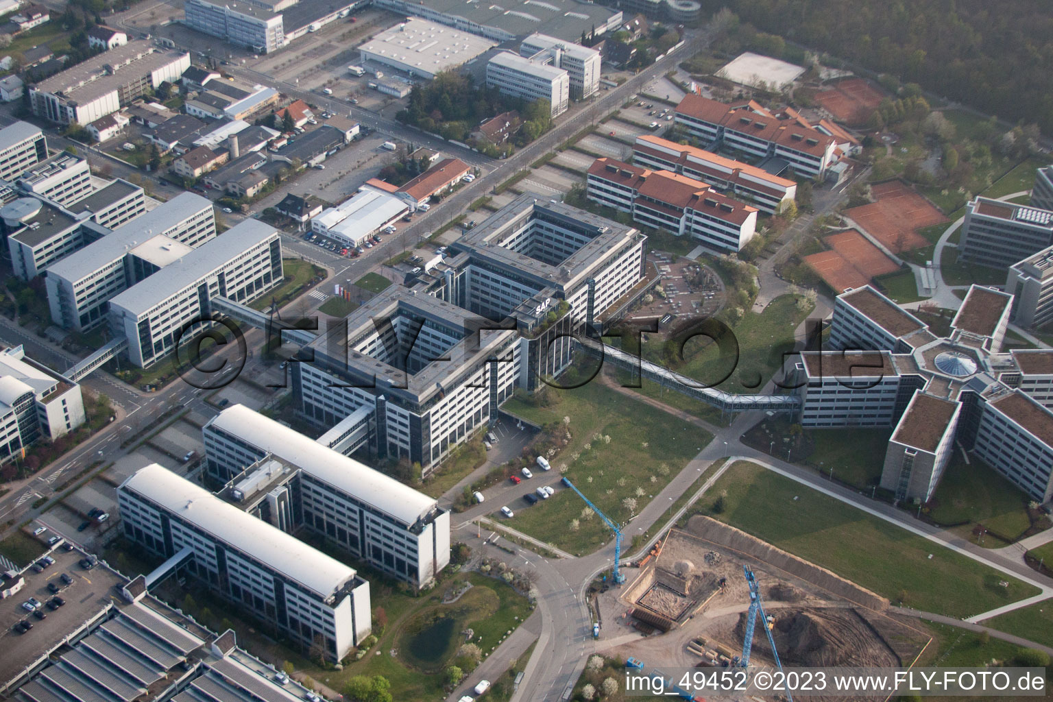 Industrial area, SAP AG in Walldorf in the state Baden-Wuerttemberg, Germany from above