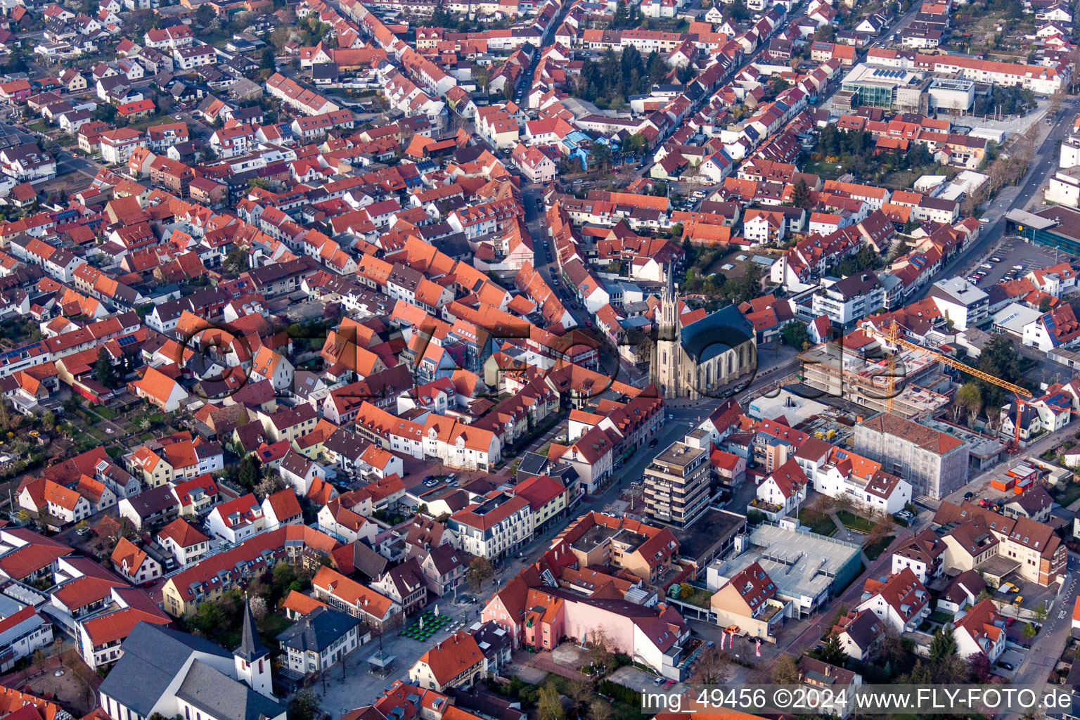 Aerial photograpy of Town View of the streets and houses of the residential areas in Walldorf in the state Baden-Wurttemberg, Germany