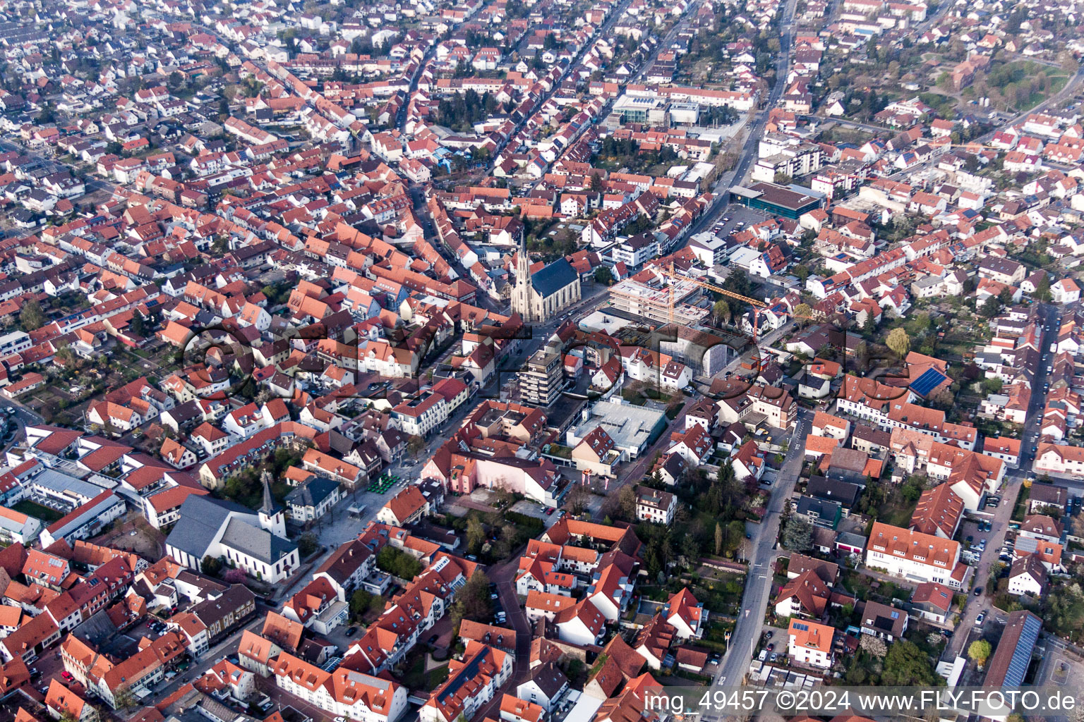 Oblique view of Town View of the streets and houses of the residential areas in Walldorf in the state Baden-Wurttemberg, Germany