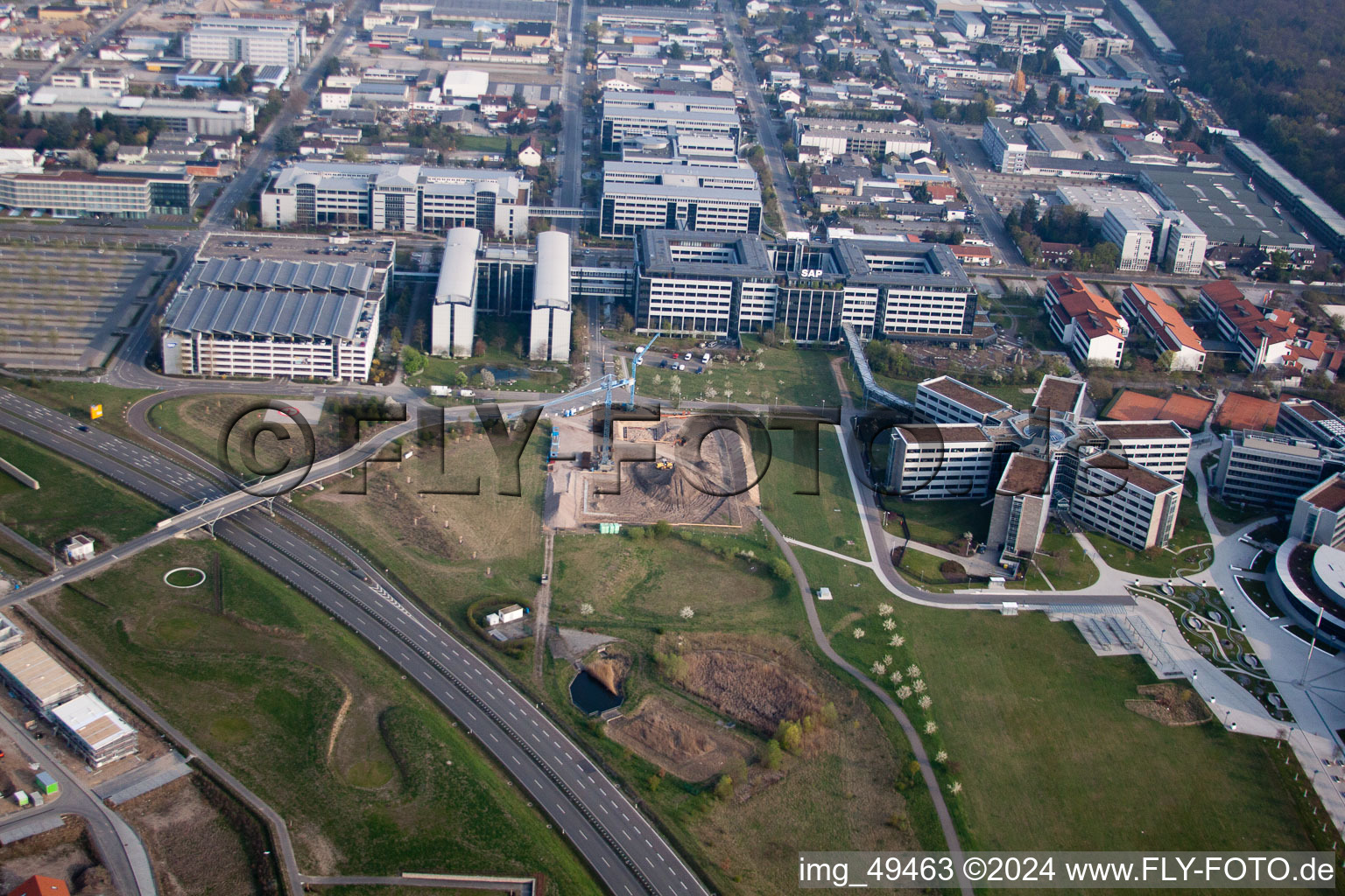 Industrial area, SAP AG in Walldorf in the state Baden-Wuerttemberg, Germany seen from above