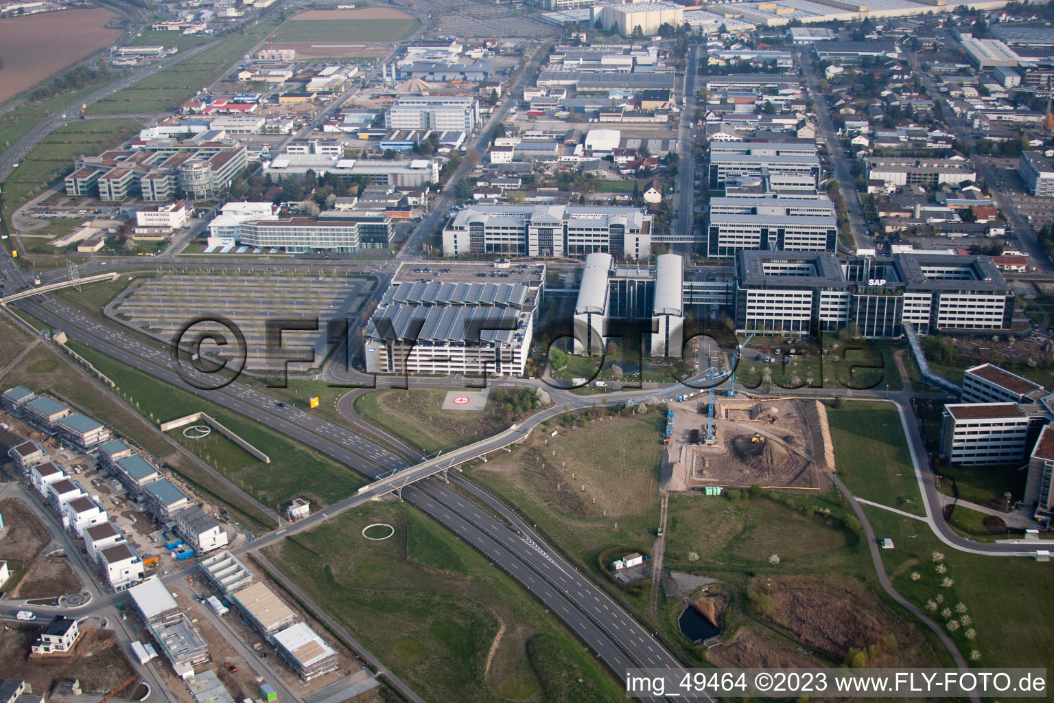 Industrial area, SAP AG in Walldorf in the state Baden-Wuerttemberg, Germany from the plane