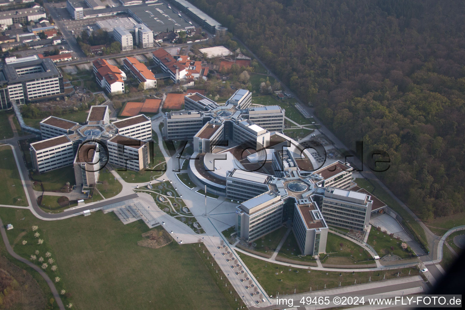 Bird's eye view of Industrial area, SAP AG in Walldorf in the state Baden-Wuerttemberg, Germany