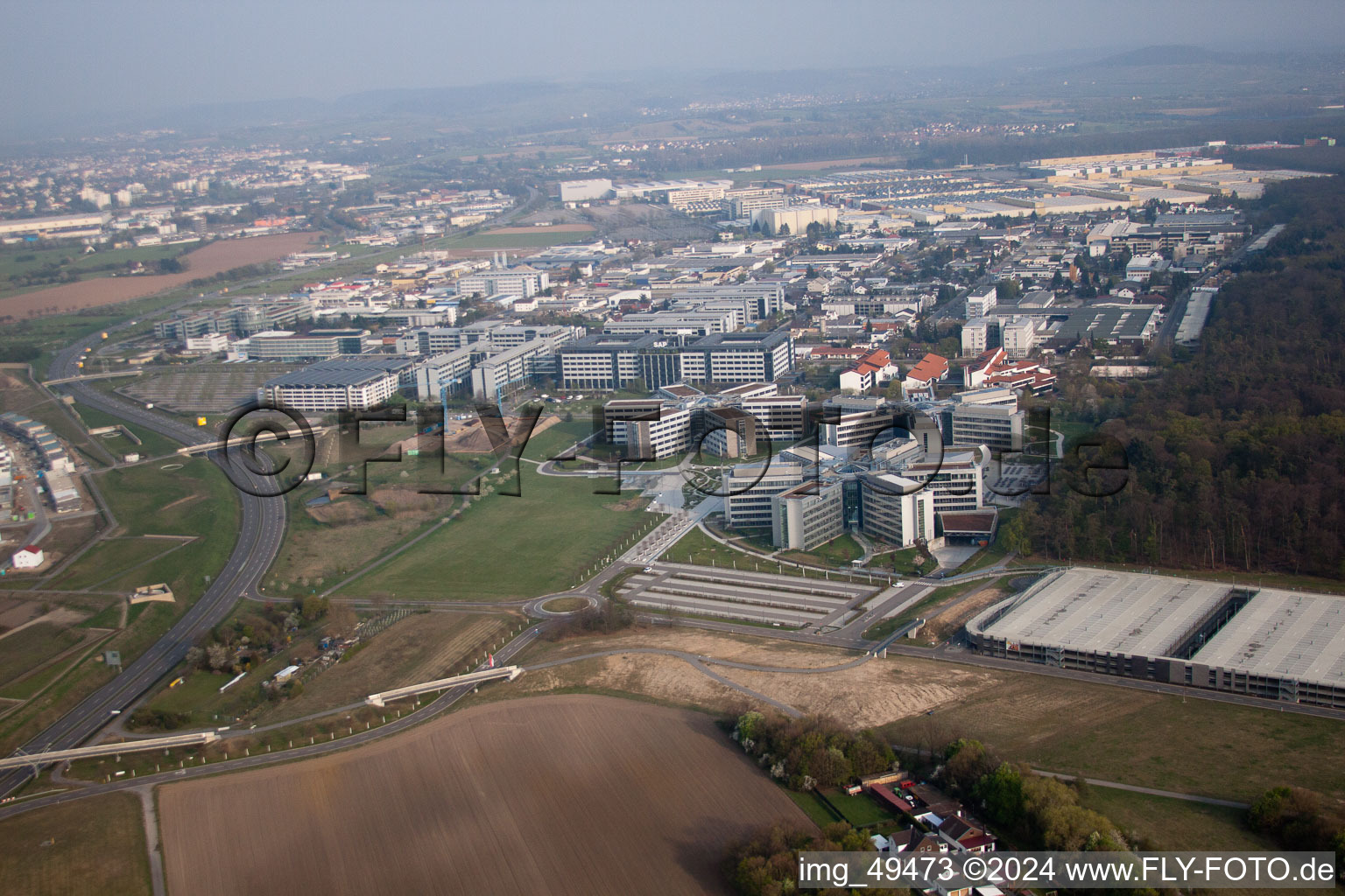 Industrial area, SAP AG in Walldorf in the state Baden-Wuerttemberg, Germany viewn from the air