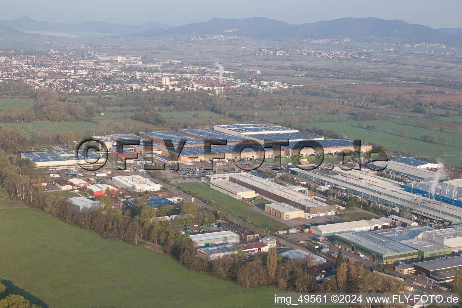 Oblique view of Industrial area in Offenbach an der Queich in the state Rhineland-Palatinate, Germany