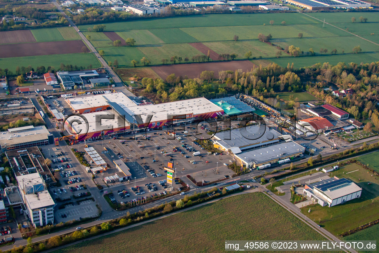 Bruchwiesenstrasse industrial area with Hornbach hardware store in the district Dreihof in Bornheim in the state Rhineland-Palatinate, Germany out of the air