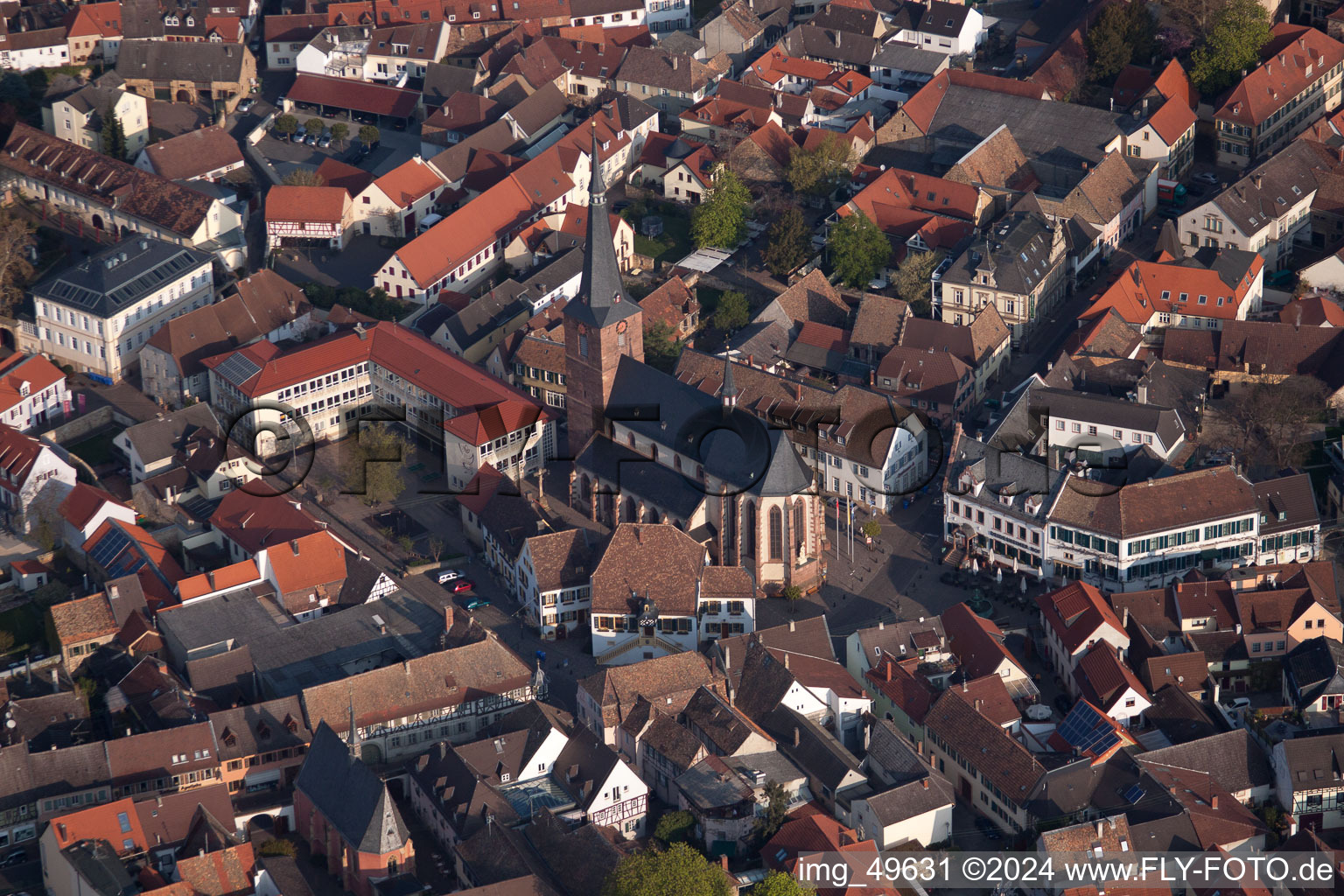 Old Town area and city center in Deidesheim in the state Rhineland-Palatinate from above