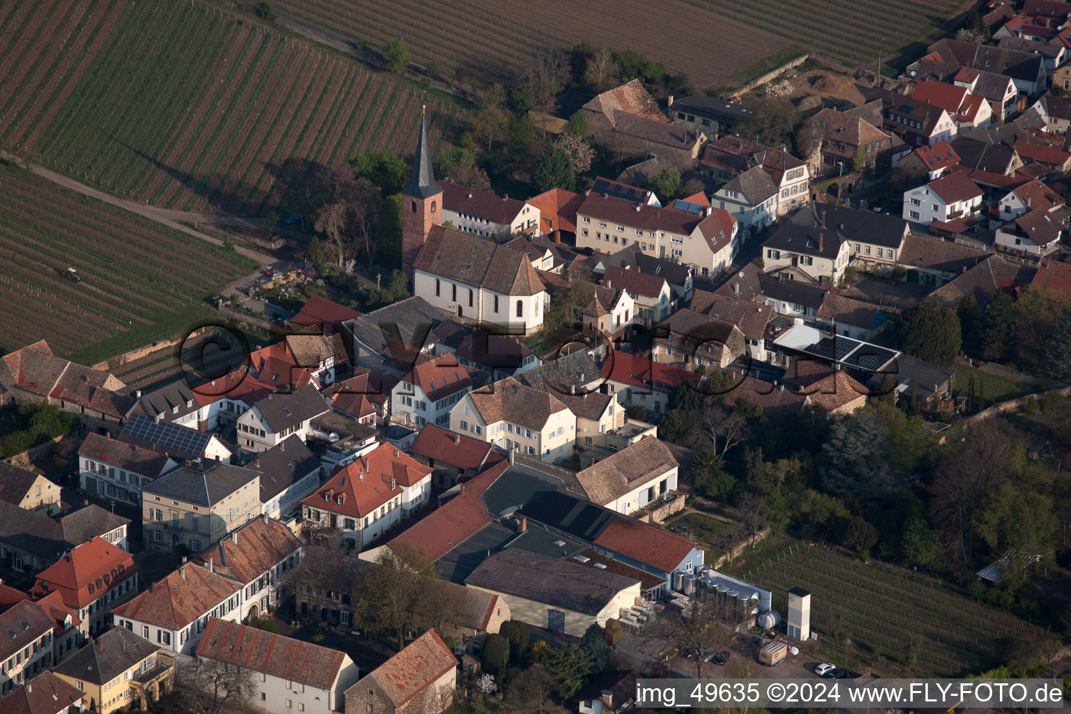 Oblique view of Village - view on the edge of wine yards in Forst an der Weinstrasse in the state Rhineland-Palatinate, Germany