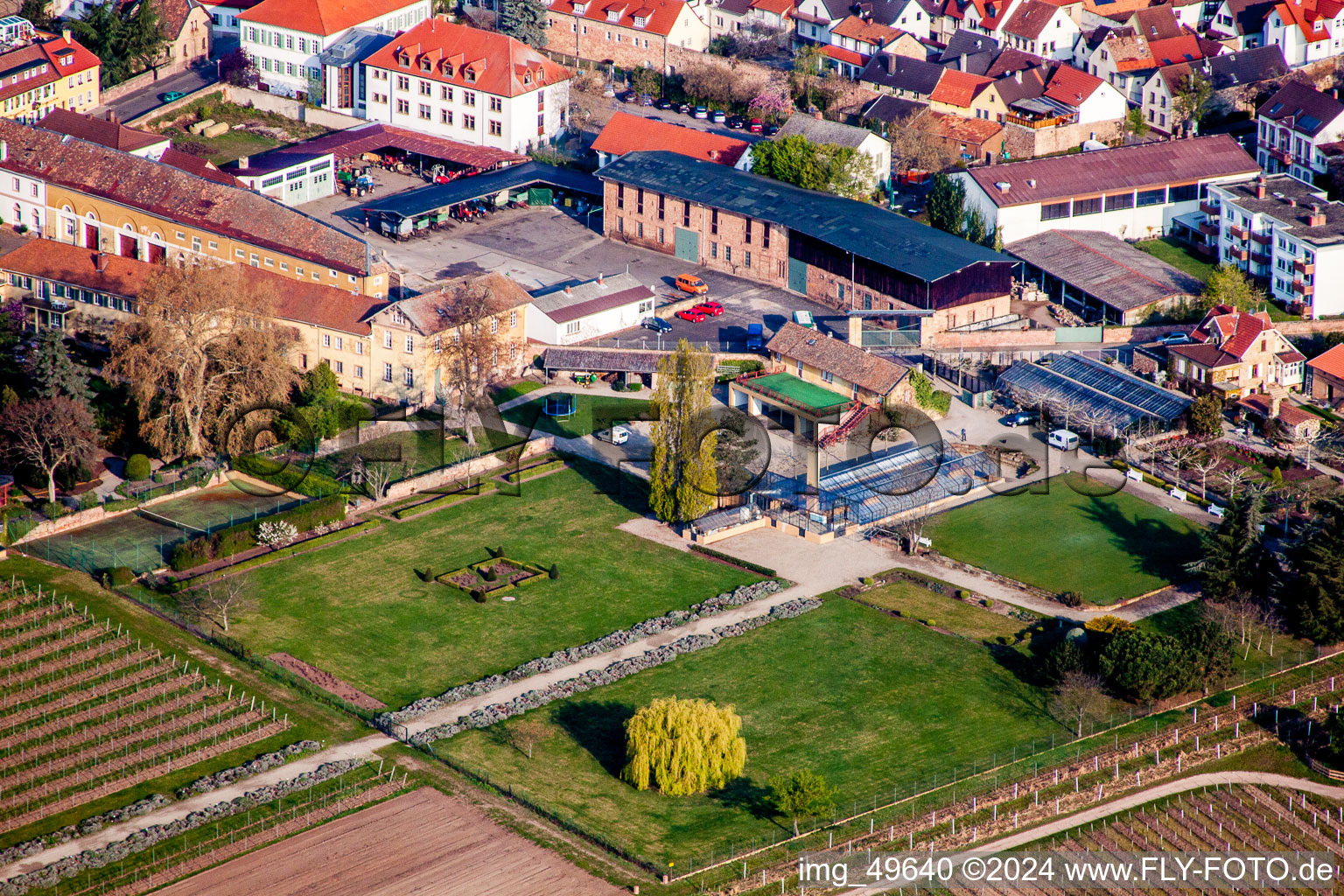 Buildings and parks at the mansion of the wine cellar Weingut Dr. Buerklin-Wolf in Wachenheim an der Weinstrasse in the state Rhineland-Palatinate, Germany from above