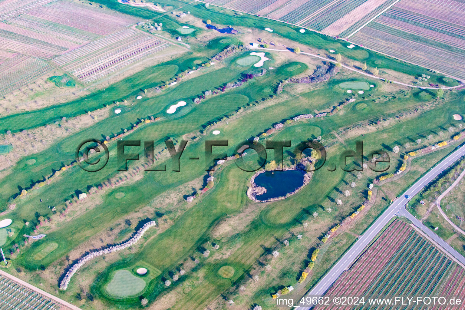 Aerial view of Grounds of the Golf course at Golfgarten Deutsche Weinstrasse in Dackenheim in the state Rhineland-Palatinate