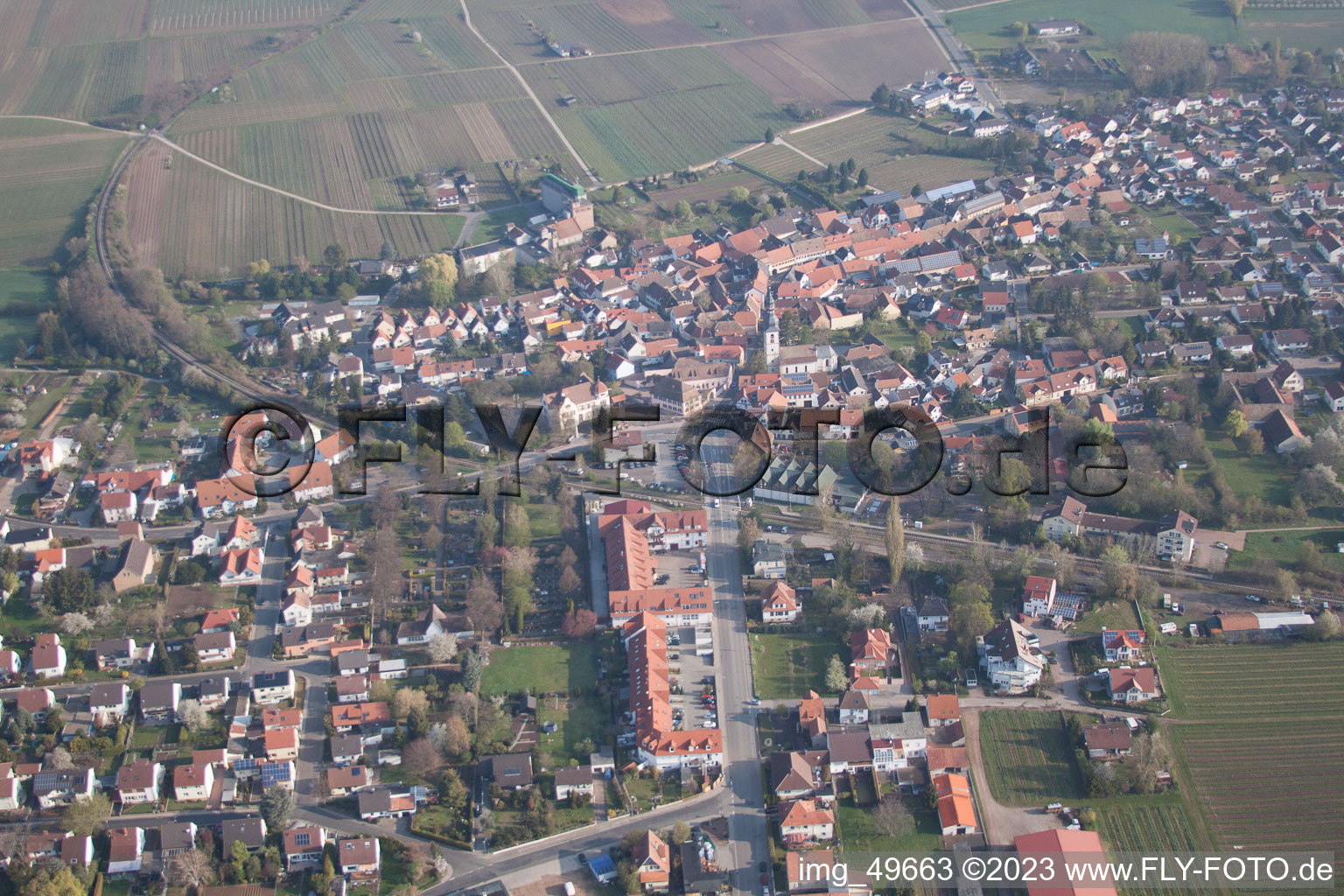 Kirchheim an der Weinstraße in the state Rhineland-Palatinate, Germany seen from a drone