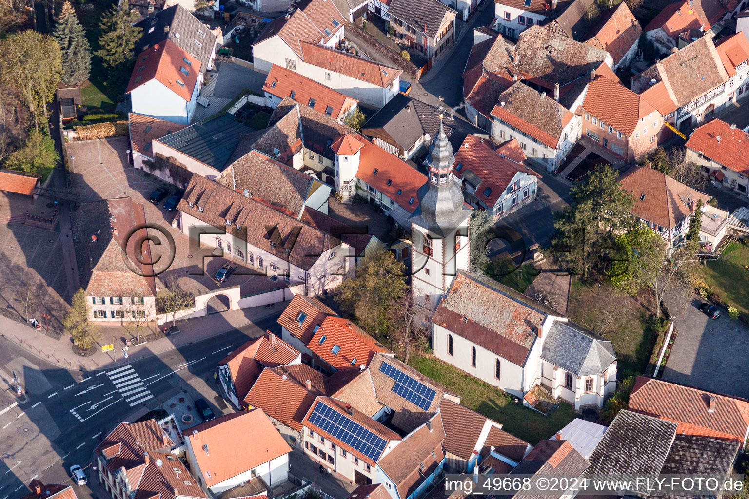 Aerial view of Church building in the village of in Kirchheim an der Weinstrasse in the state Rhineland-Palatinate, Germany
