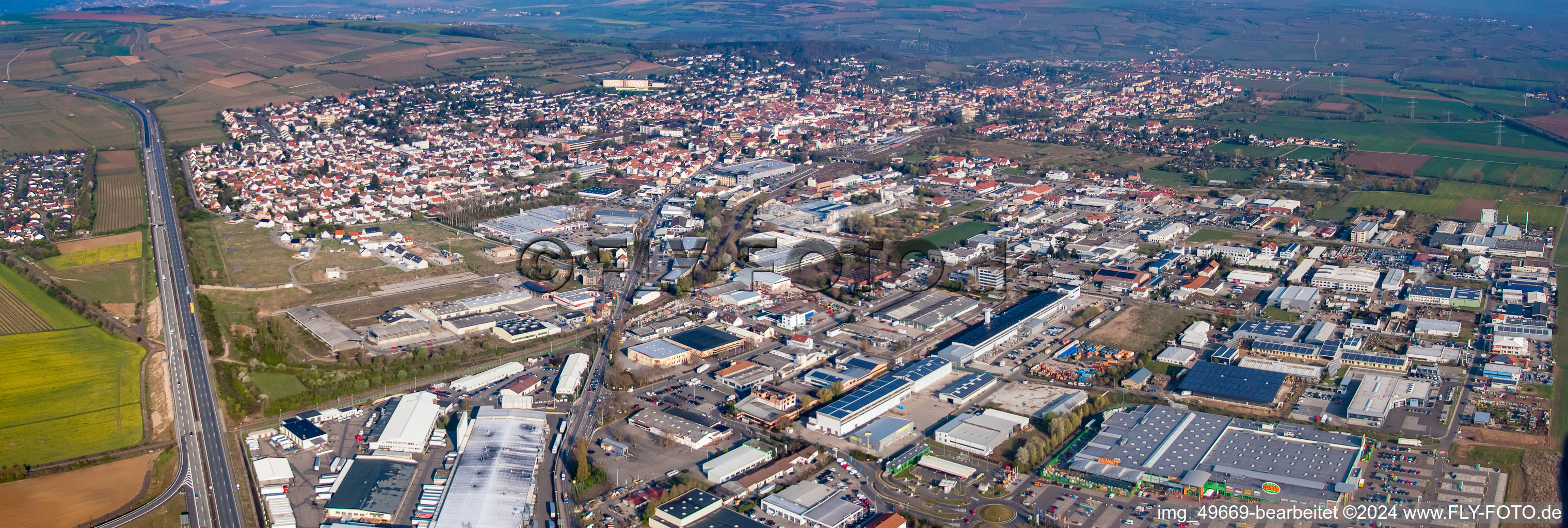 Panoramic perspective Town View of the streets and houses of the residential areas in Gruenstadt in the state Rhineland-Palatinate, Germany