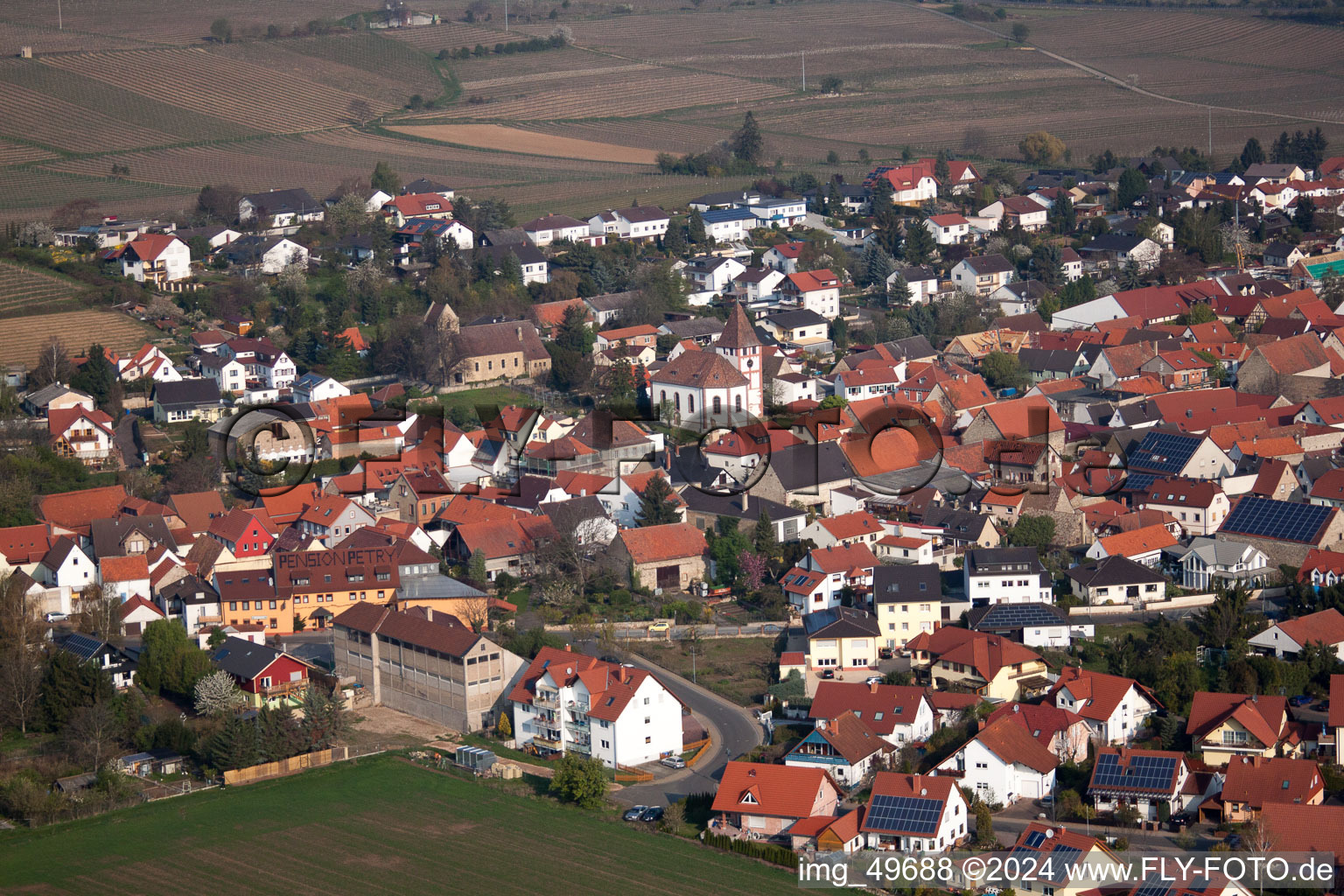 Aerial photograpy of Town View of the streets and houses of the residential areas in Bockenheim an der Weinstrasse in the state Rhineland-Palatinate