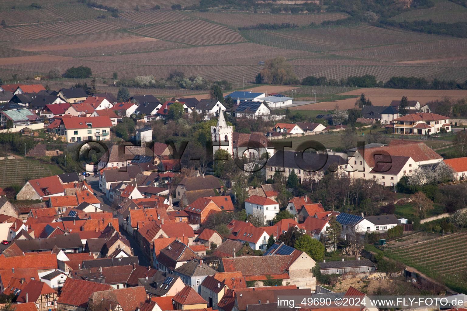 Town View of the streets and houses of the residential areas in Bockenheim an der Weinstrasse in the state Rhineland-Palatinate from above