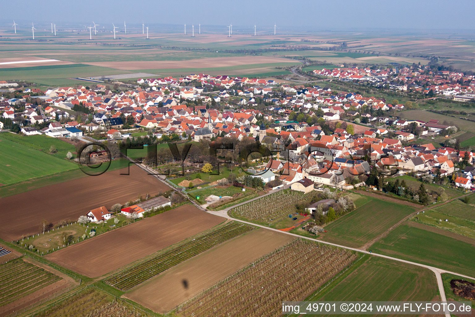 Aerial view of Town View of the streets and houses of the residential areas in Ober-Floersheim in the state Rhineland-Palatinate, Germany