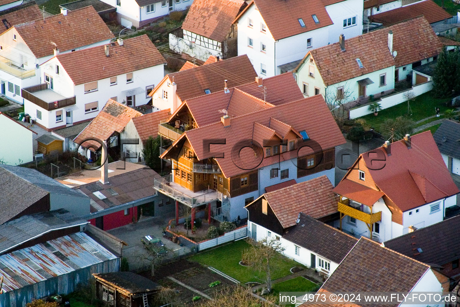 In the quiet garden in Minfeld in the state Rhineland-Palatinate, Germany seen from above