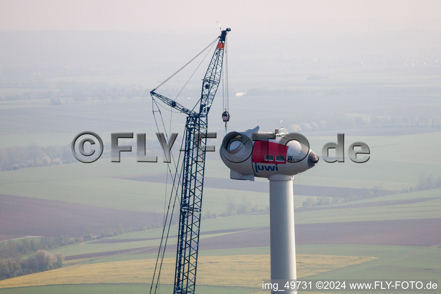 Aerial view of Construction site for wind turbine installation of juwi Holding AG in Gabsheim in the state Rhineland-Palatinate, Germany