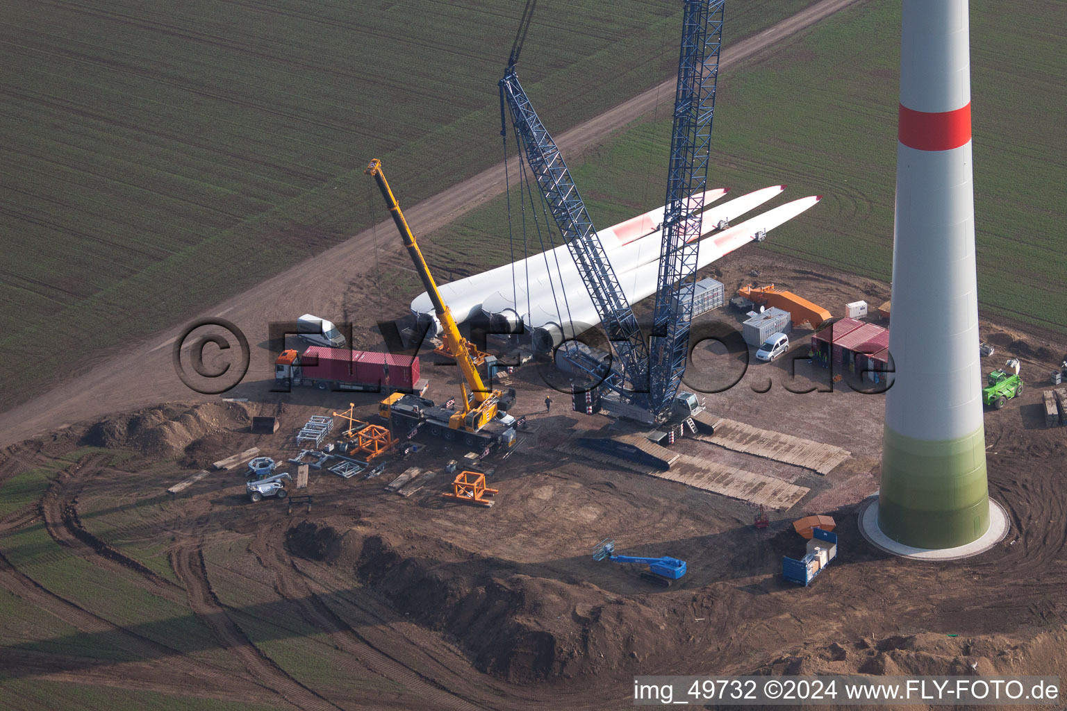 Oblique view of Wind turbine construction site in Gabsheim in the state Rhineland-Palatinate, Germany