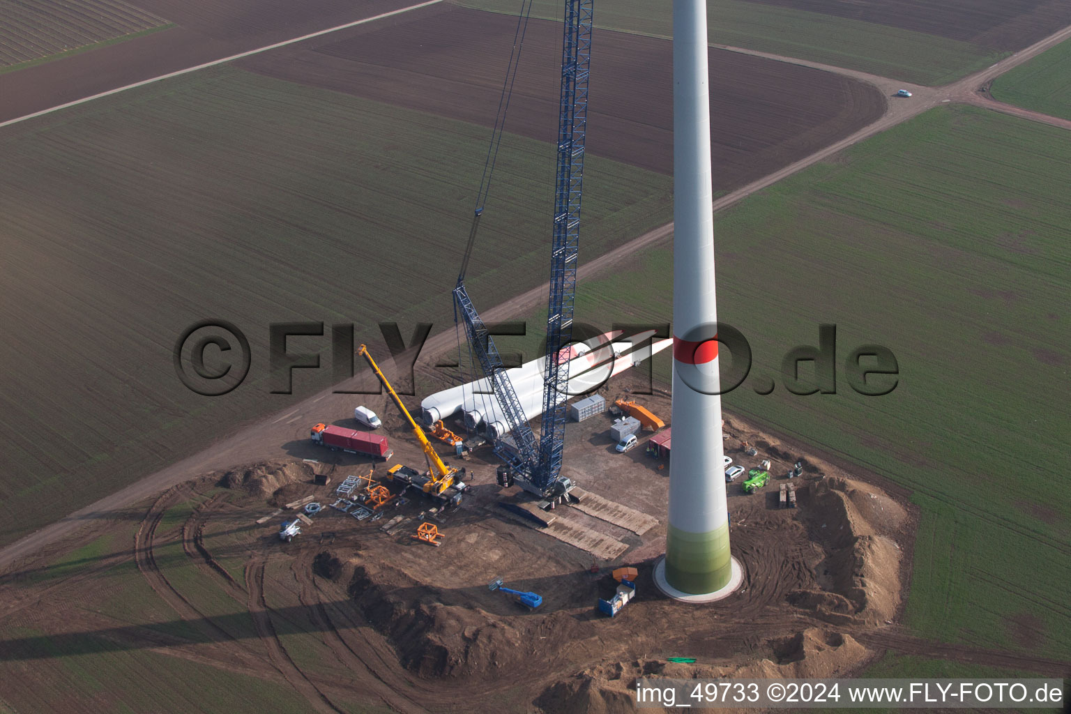 Wind turbine construction site in Gabsheim in the state Rhineland-Palatinate, Germany from above