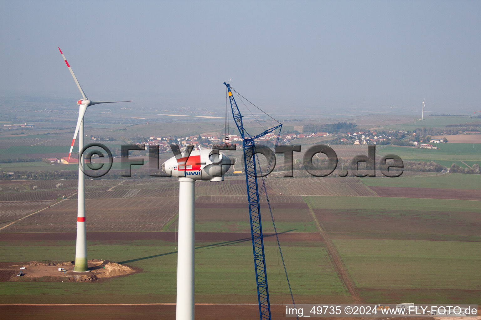 Wind turbine construction site in Gabsheim in the state Rhineland-Palatinate, Germany seen from above