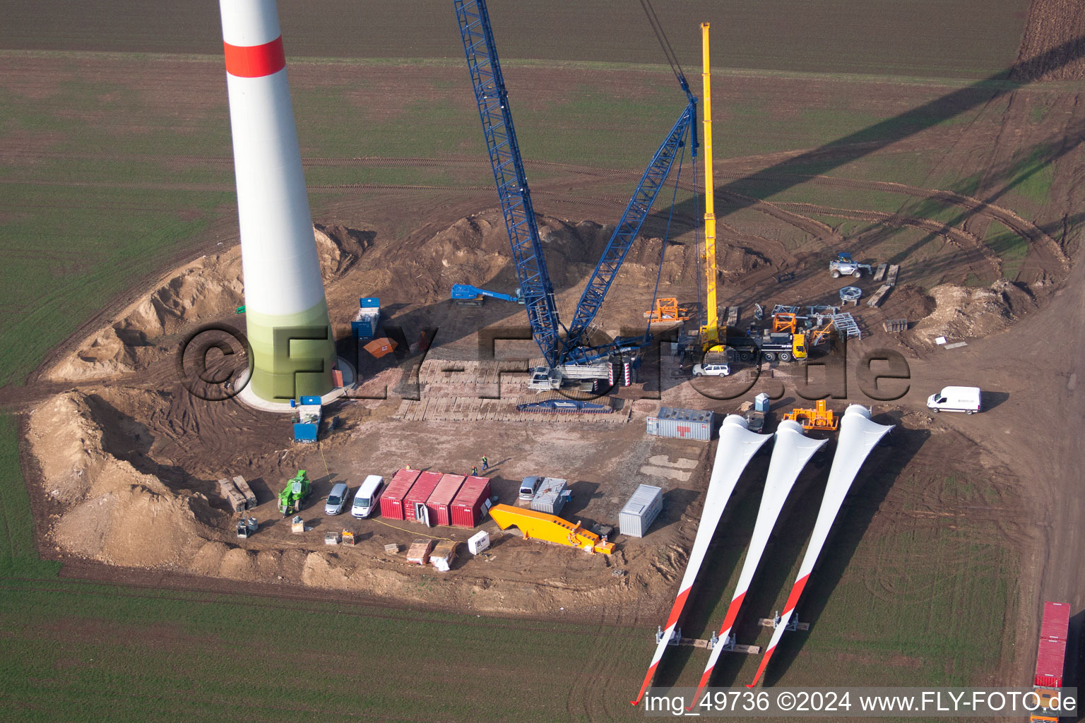 Aerial photograpy of Construction site for wind turbine installation of juwi Holding AG in Gabsheim in the state Rhineland-Palatinate, Germany