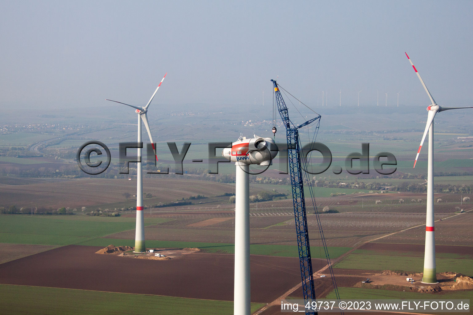 Wind turbine construction site in Gabsheim in the state Rhineland-Palatinate, Germany from the plane