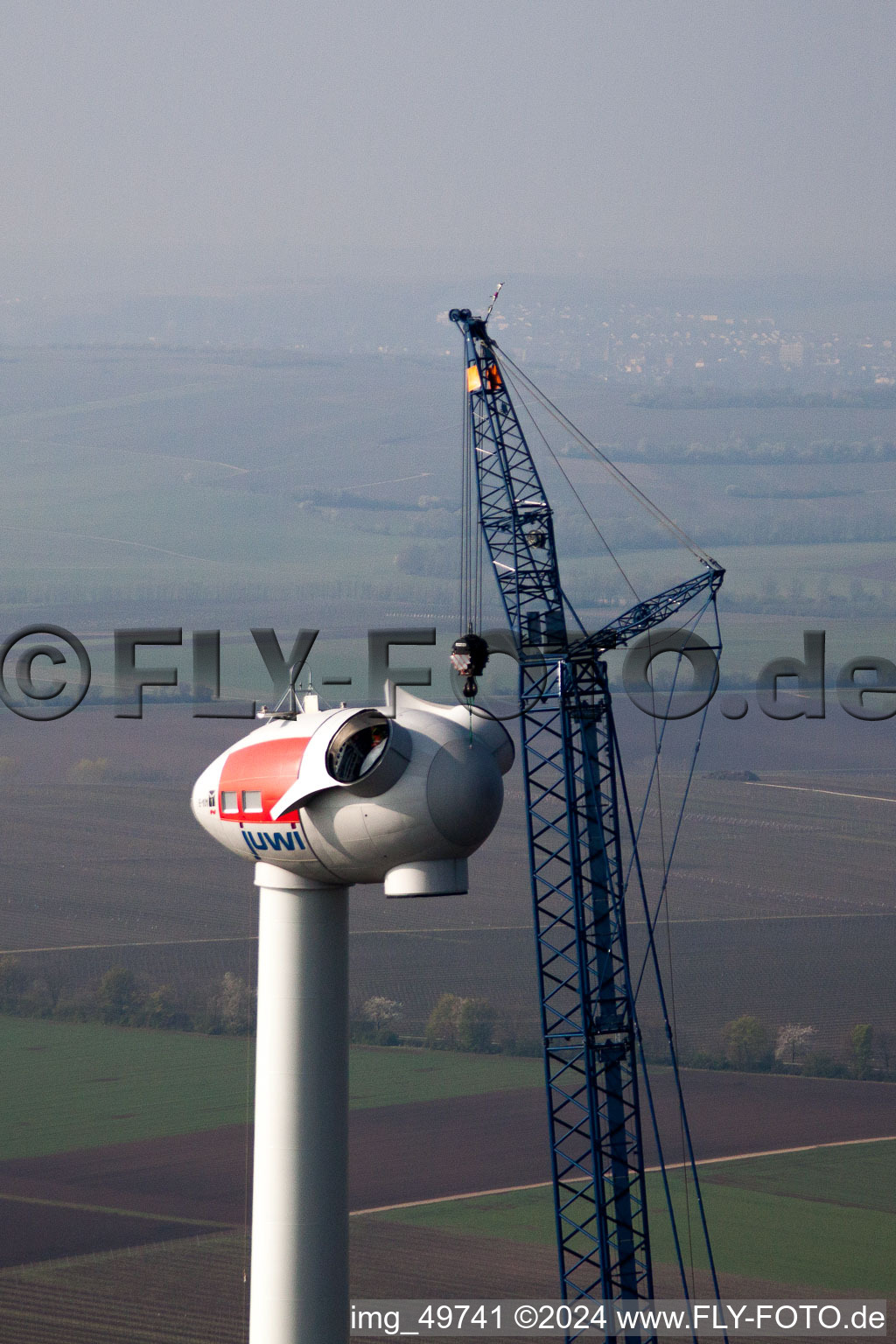 Bird's eye view of Wind turbine construction site in Gabsheim in the state Rhineland-Palatinate, Germany