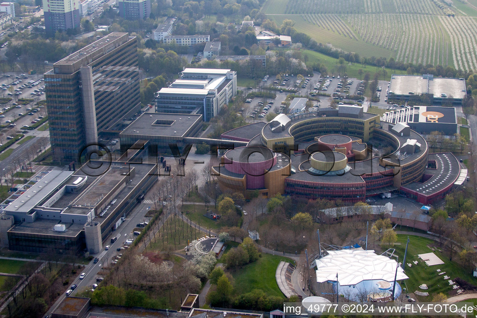 Drone image of ZDF in the district Lerchenberg in Mainz in the state Rhineland-Palatinate, Germany