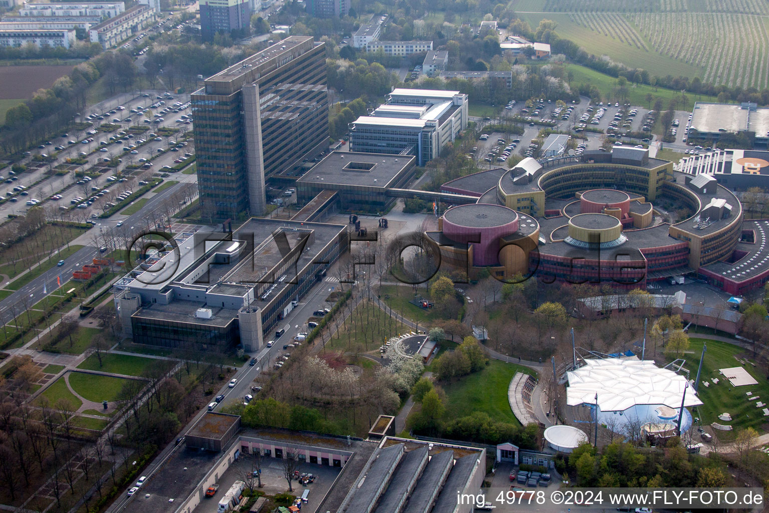 ZDF in the district Lerchenberg in Mainz in the state Rhineland-Palatinate, Germany from the drone perspective