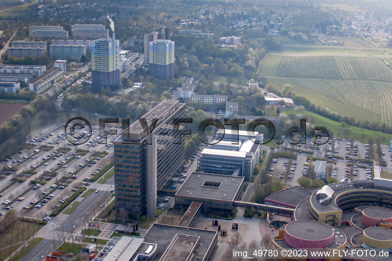 ZDF in the district Lerchenberg in Mainz in the state Rhineland-Palatinate, Germany seen from a drone