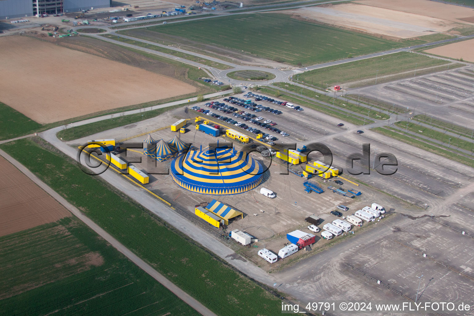 Aerial view of Circus tent domes of a circus in Mainz in the state Rhineland-Palatinate, Germany