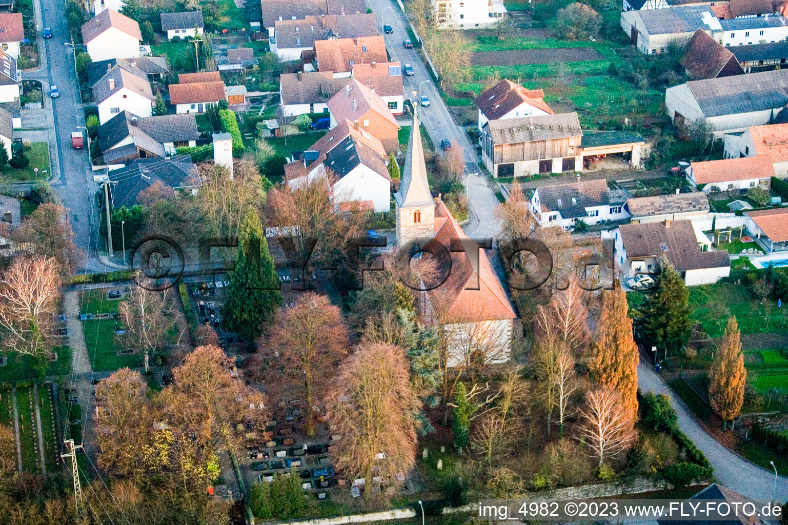Aerial view of Kirchstr in Freckenfeld in the state Rhineland-Palatinate, Germany