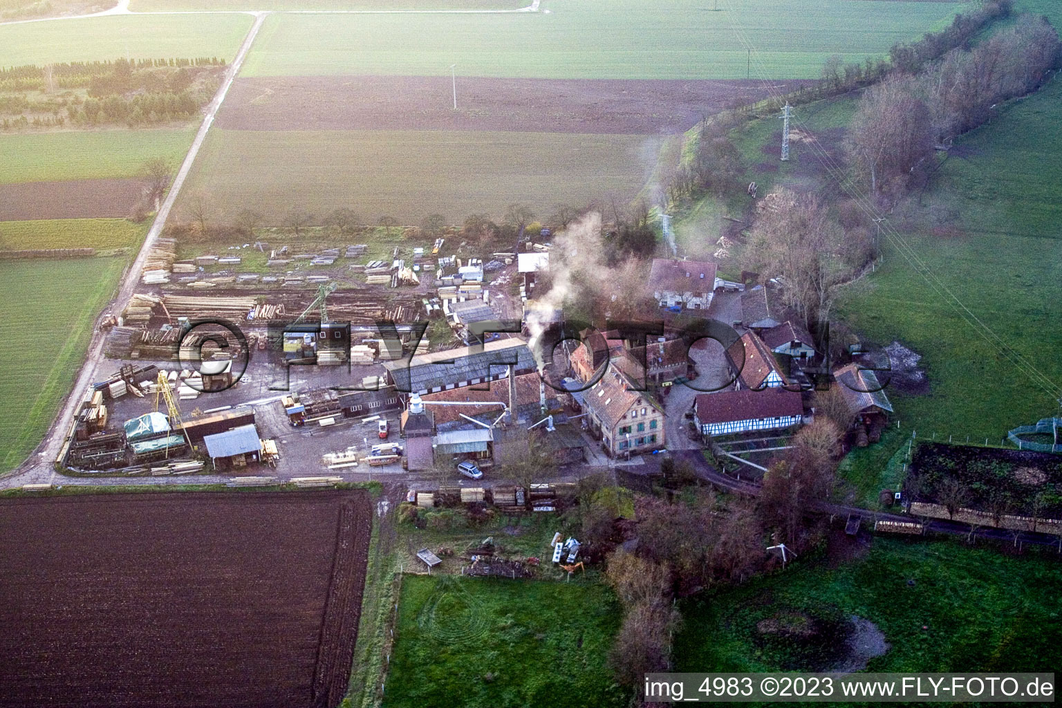 Schaidter mill in the district Schaidt in Wörth am Rhein in the state Rhineland-Palatinate, Germany from a drone