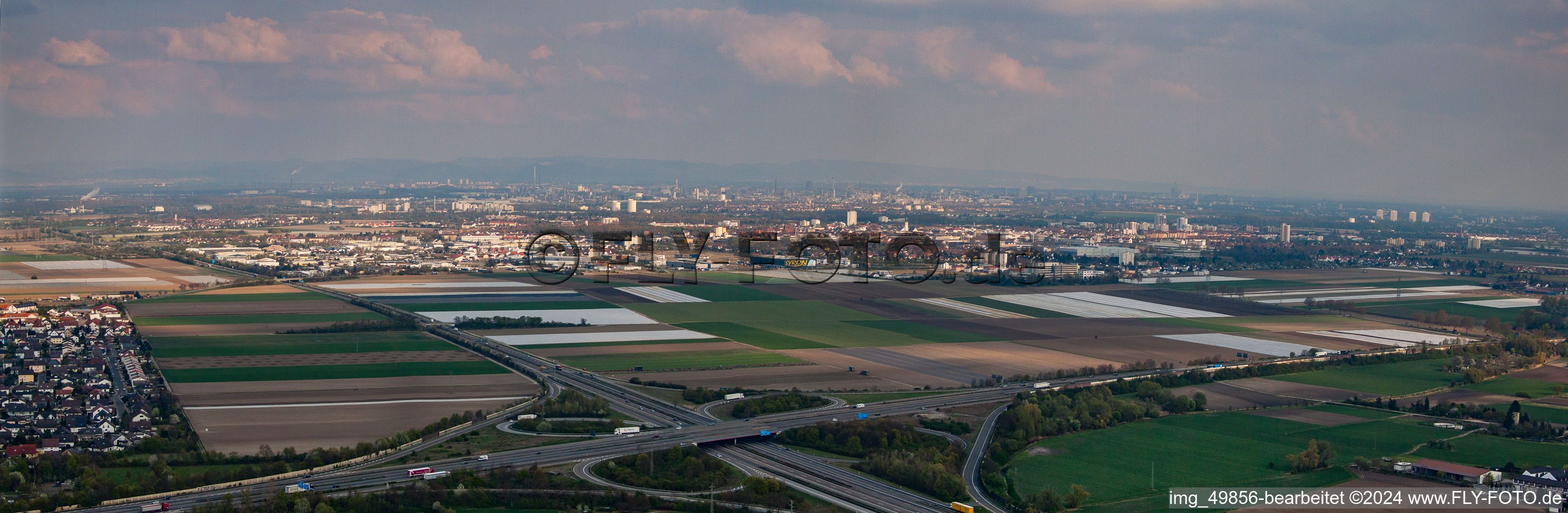 Panorama of the motorway junction Frankenthal from the northwest in Frankenthal in the state Rhineland-Palatinate, Germany