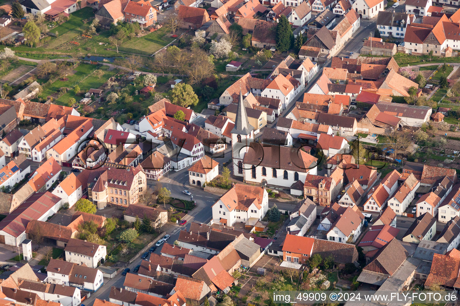 Aerial view of Church building of catholic Church in Ottersheim bei Landau in the state Rhineland-Palatinate, Germany