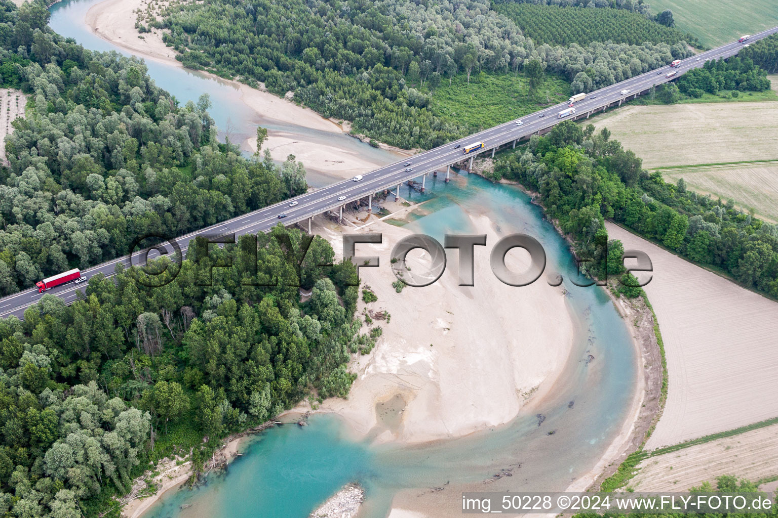 Highway bridge over the motorway A4 across the Tagliamento in Boscatto in Venetien, Italy