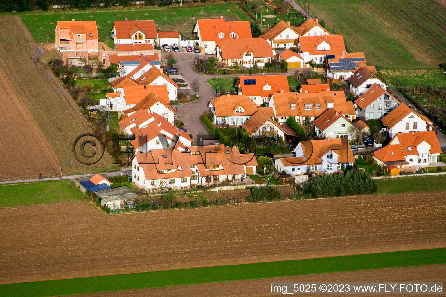 Aerial photograpy of New development area in Geiersching in the district Hayna in Herxheim bei Landau in the state Rhineland-Palatinate, Germany