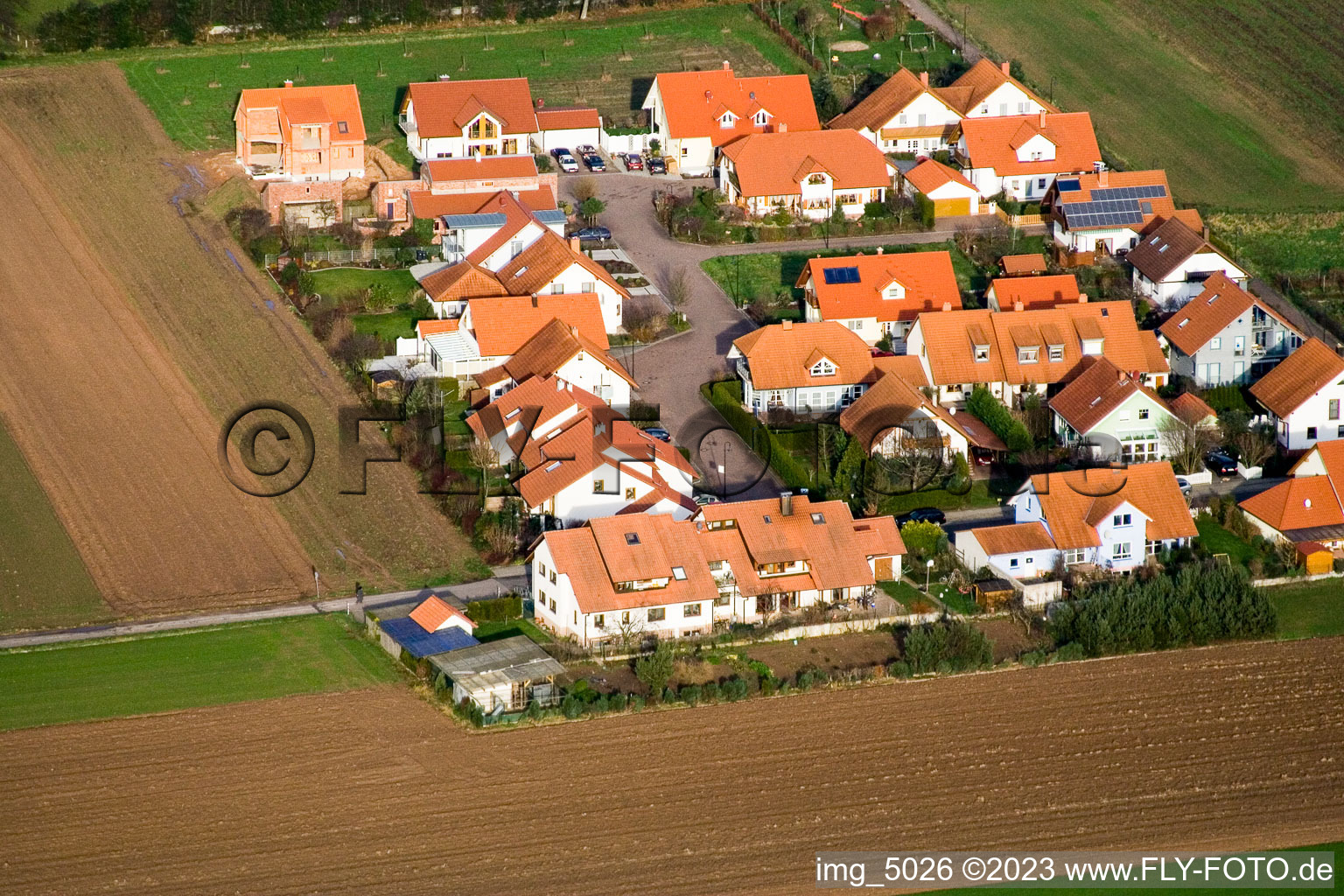 Oblique view of New development area in Geiersching in the district Hayna in Herxheim bei Landau in the state Rhineland-Palatinate, Germany