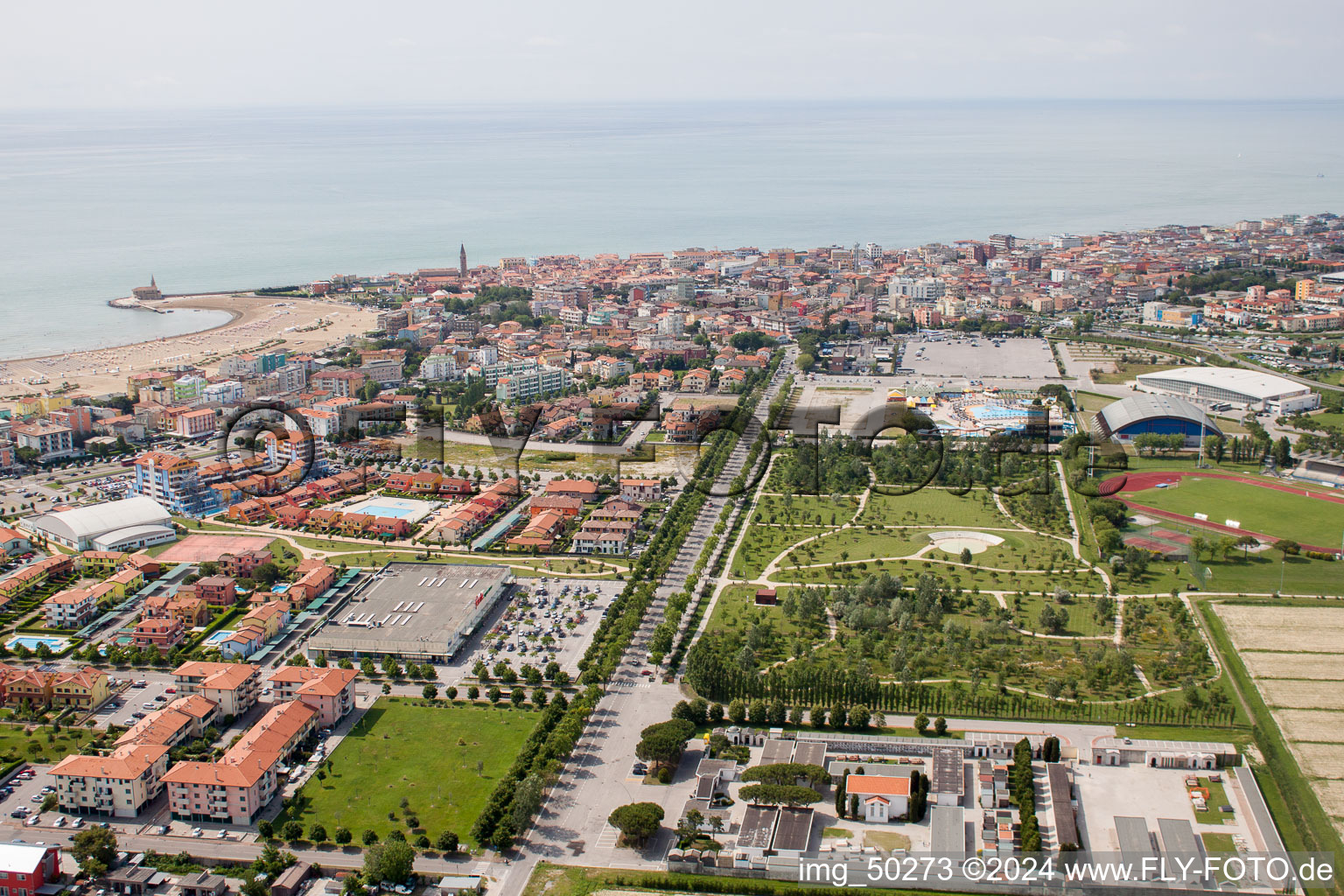 Aerial view of Beach landscape on the Caorle in Caorle in Veneto, Italy