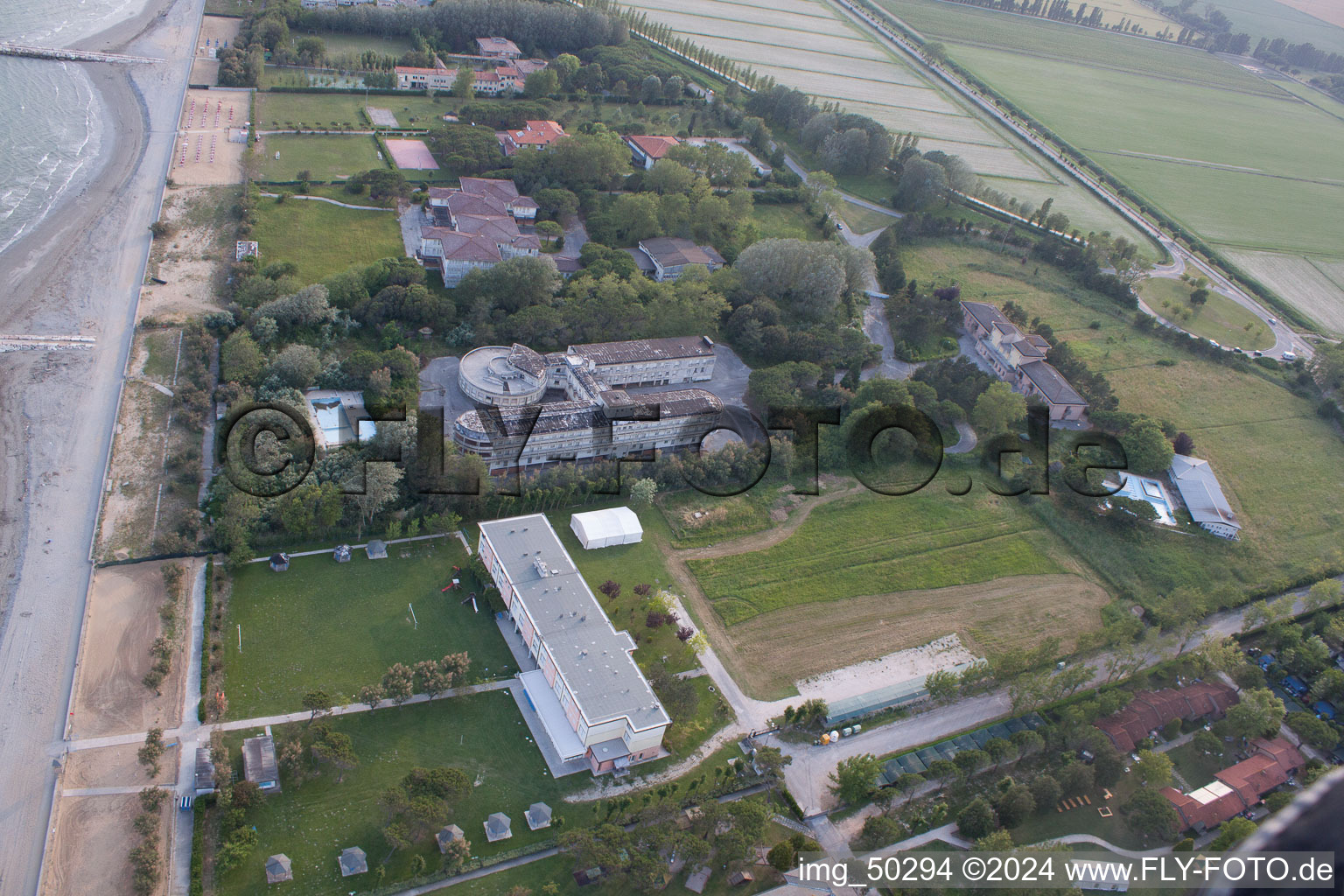 Dilapidated building of ex Colonia La Nostra Famiglia in Duna Verde in Venetien, Italy