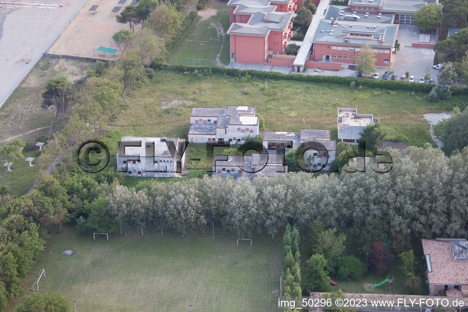 Aerial photograpy of Dilapidated building of ex Colonia La Nostra Famiglia in Duna Verde in Venetien, Italy