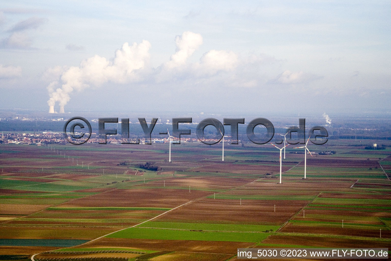 Wind turbines from the southwest in Bellheim in the state Rhineland-Palatinate, Germany