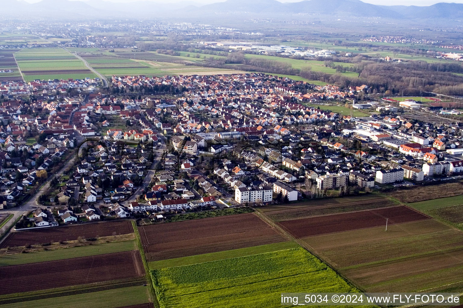 Aerial photograpy of Town View of the streets and houses of the residential areas in Offenbach an der Queich in the state Rhineland-Palatinate