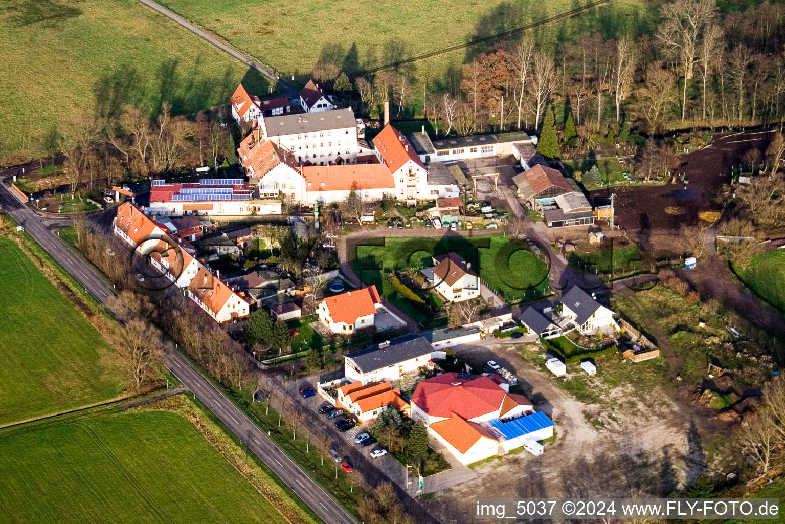 Aerial view of Fuchsmühle in Offenbach an der Queich in the state Rhineland-Palatinate, Germany