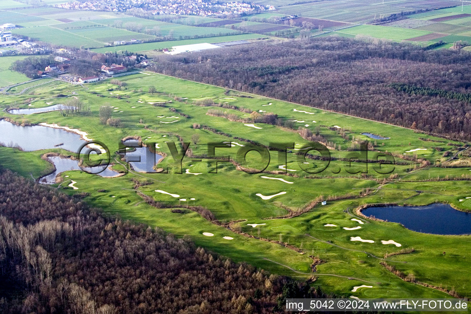 Grounds of the Golf course at Golfanlage Landgut Dreihof in Essingen in the state Rhineland-Palatinate from the plane