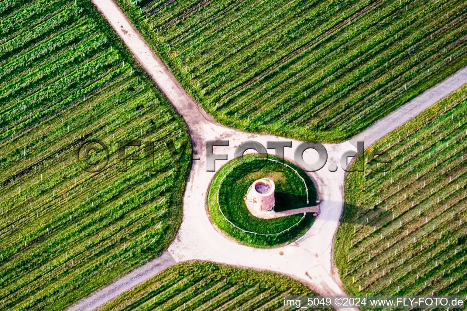 Aerial view of Structure of the observation tower Winzerturm in the wine yards in Hochstadt (Pfalz) in the state Rhineland-Palatinate