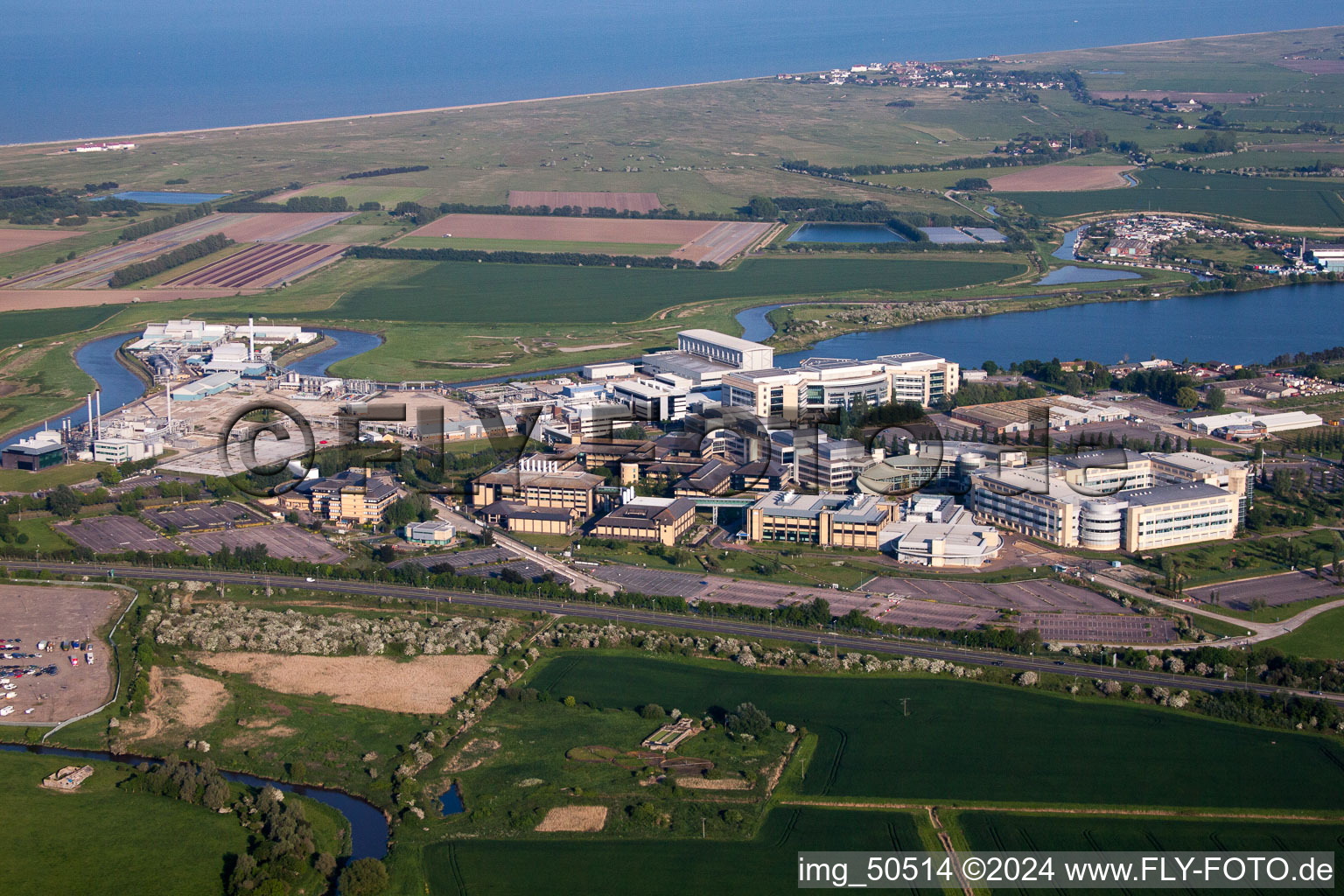 Aerial photograpy of Building and production halls on the premises of the chemical manufacturers Pfizer Ltd and Discovery Park in Sandwich in England, United Kingdom