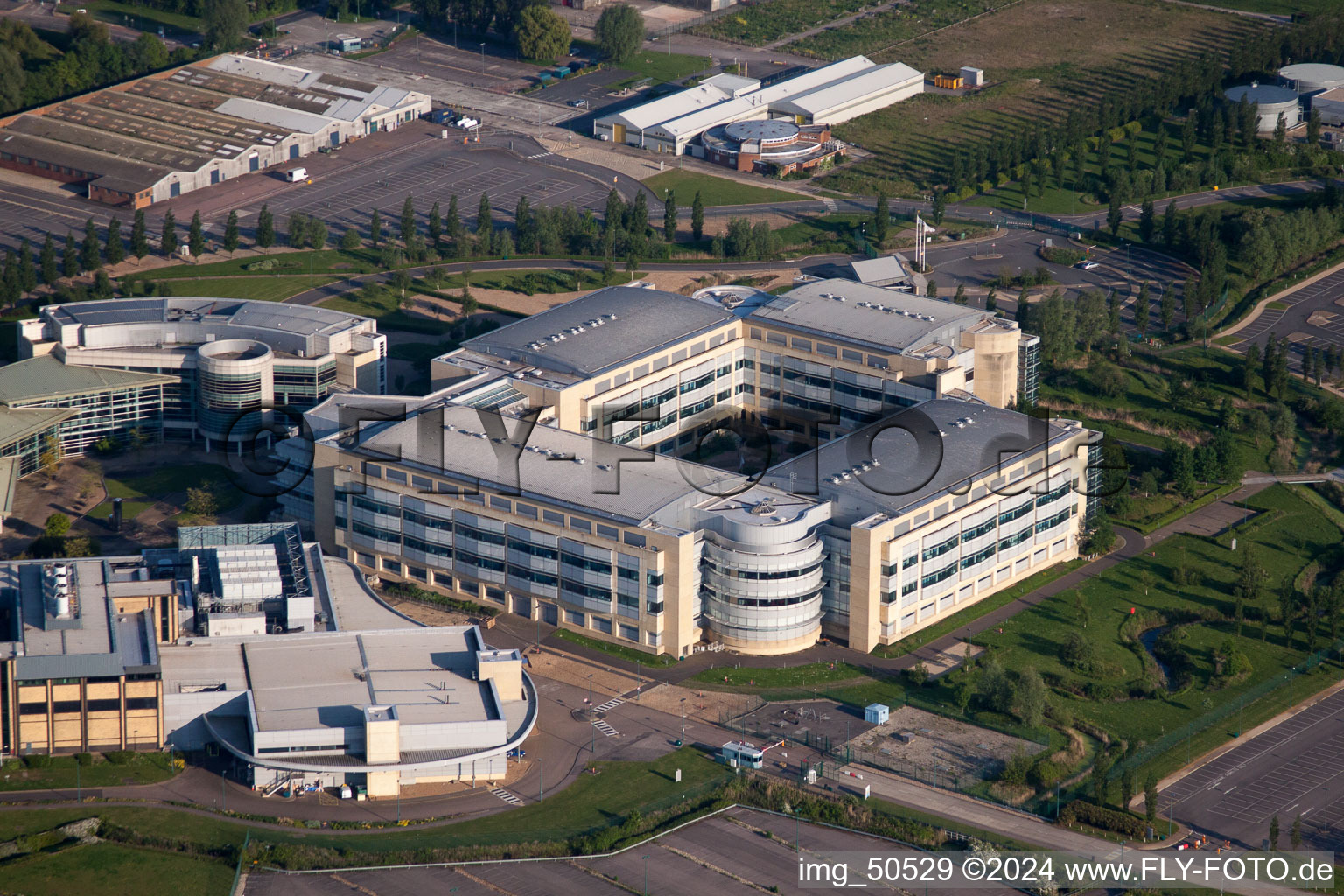 Building and production halls on the premises of the chemical manufacturers Pfizer Ltd and Discovery Park in Sandwich in England, United Kingdom out of the air