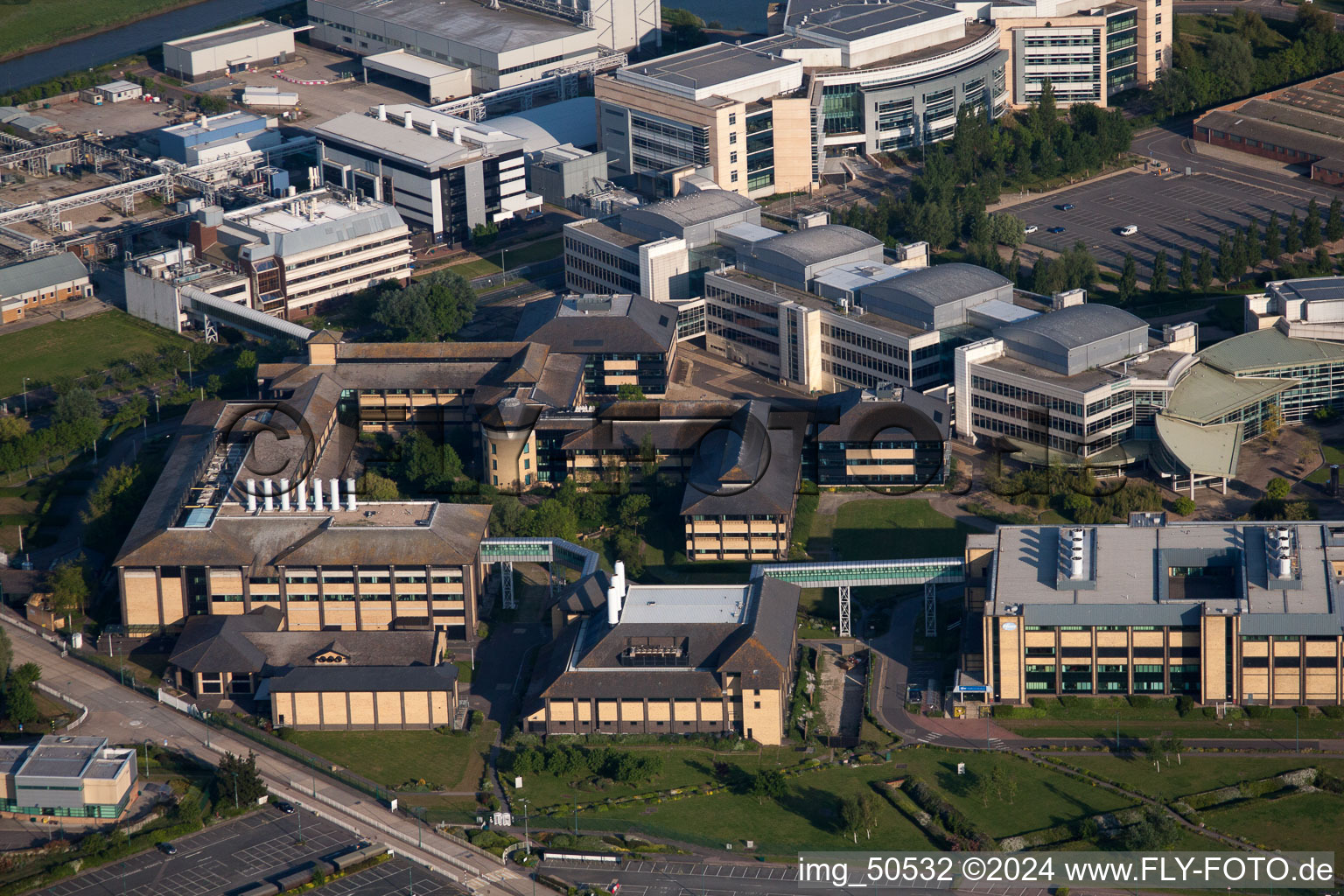 Building and production halls on the premises of the chemical manufacturers Pfizer Ltd and Discovery Park in Sandwich in England, United Kingdom seen from above