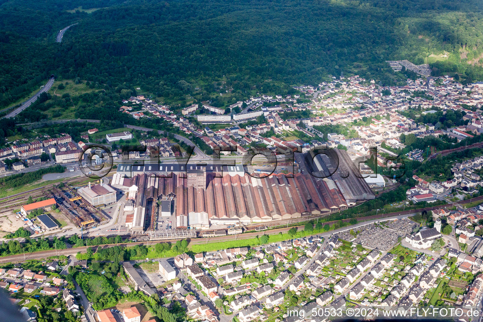 Building and production halls on the premises of British Steel France Rail SAS in Hayange in Grand Est, France